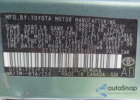 2007 Toyota Corolla Ce z USA, uszkodzony, nr VIN 2T1BR32E67C791823